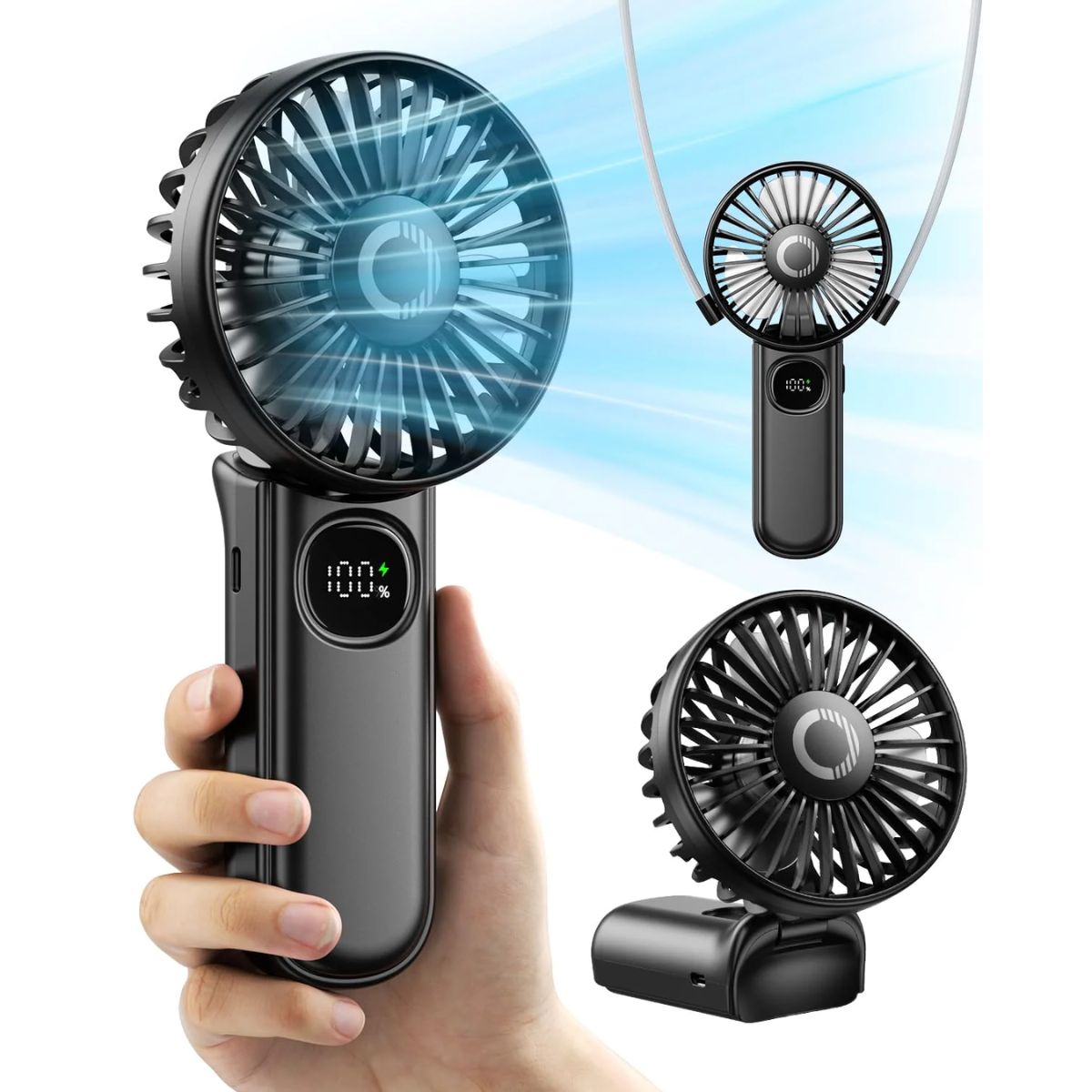 Foldable Portable Fan With Led Display, 3000Mah Battery Operated Mini Hand Held/Neck/Desk 3 In 1 - Koospark