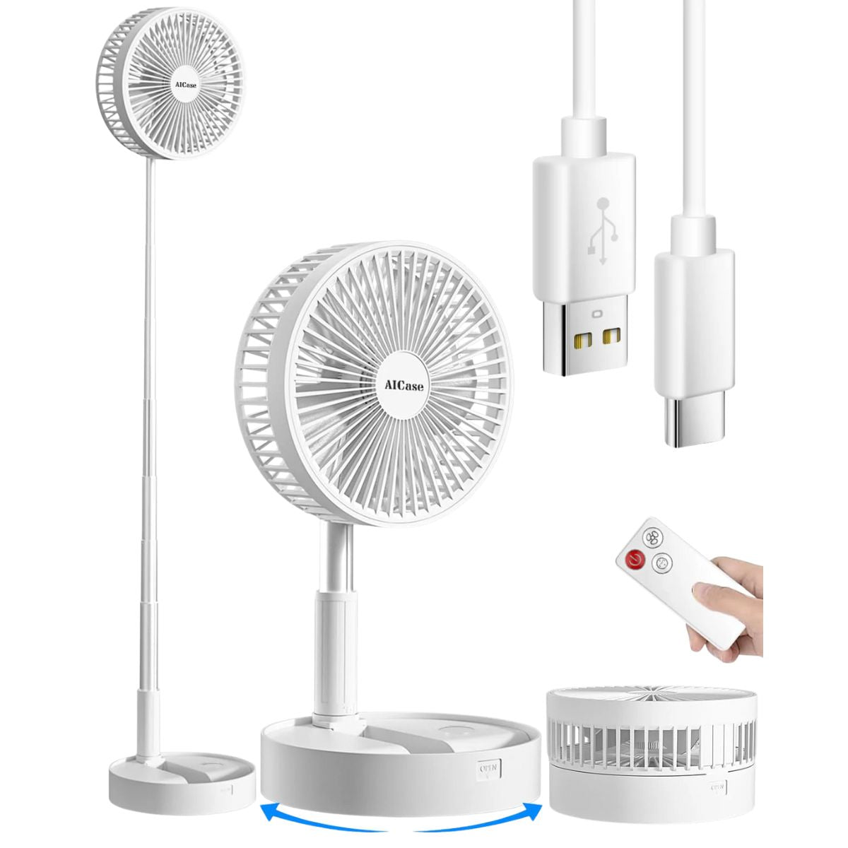 Aicase stand fan with folding telescopic design, USB rechargeable, 7200mAh battery for portable cooling Koospark
