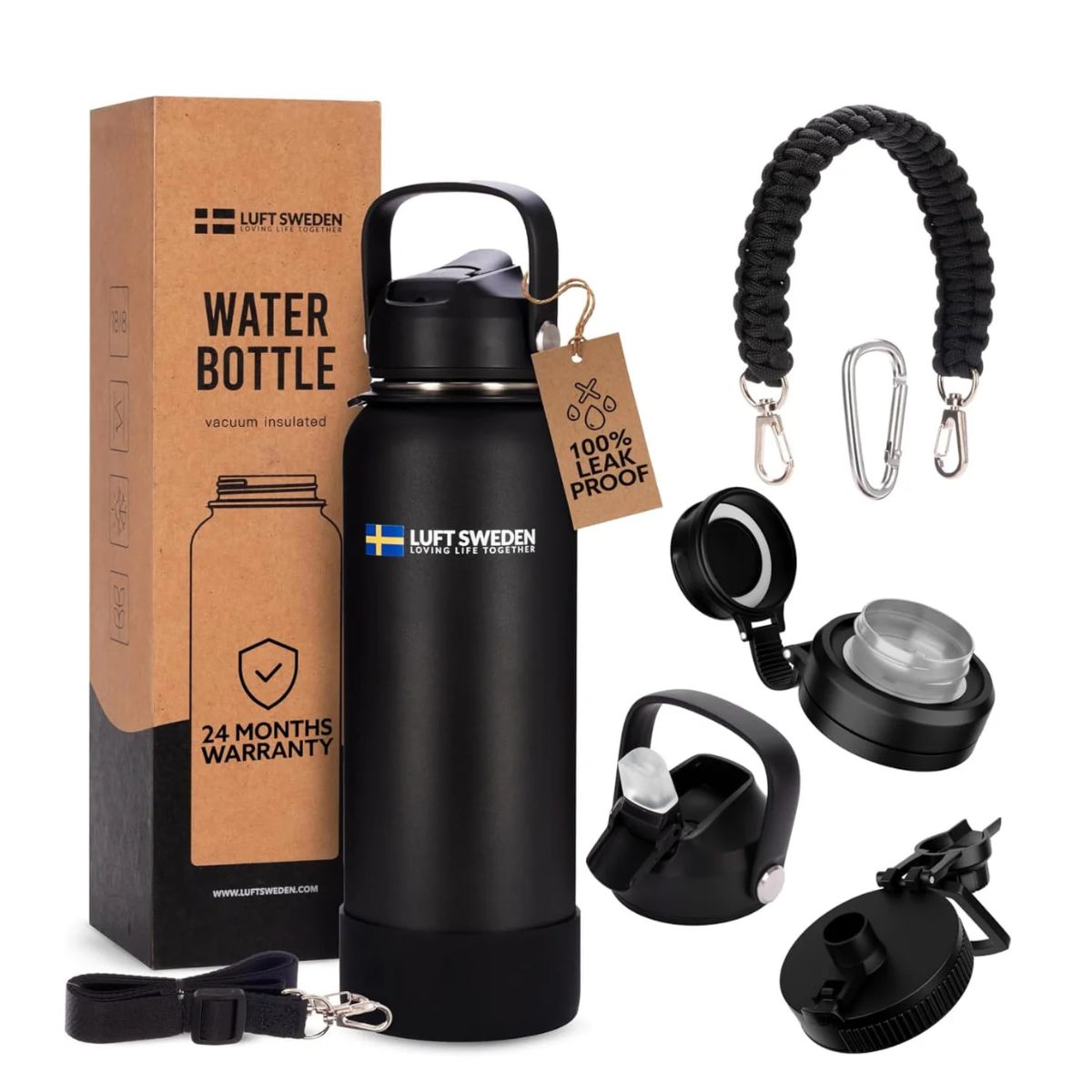 Luft Sweden Reusable Insulated Water Bottle Stainless Steel - Leakproof Double Wall Insulated Water