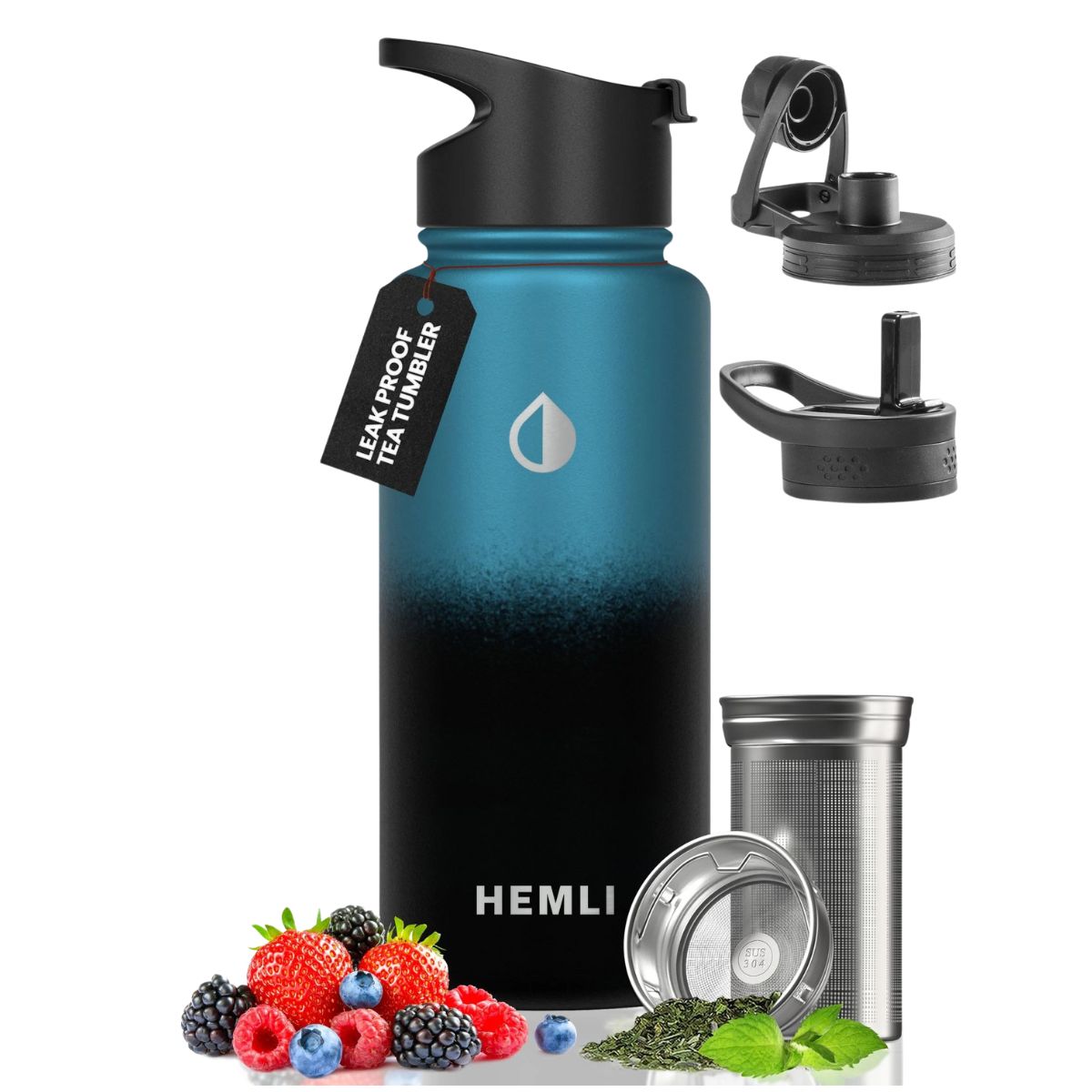 Insulated Tea Infuser Bottle - 32 Oz Tea Tumbler With Infuser, Travel Mug, 3 Lids