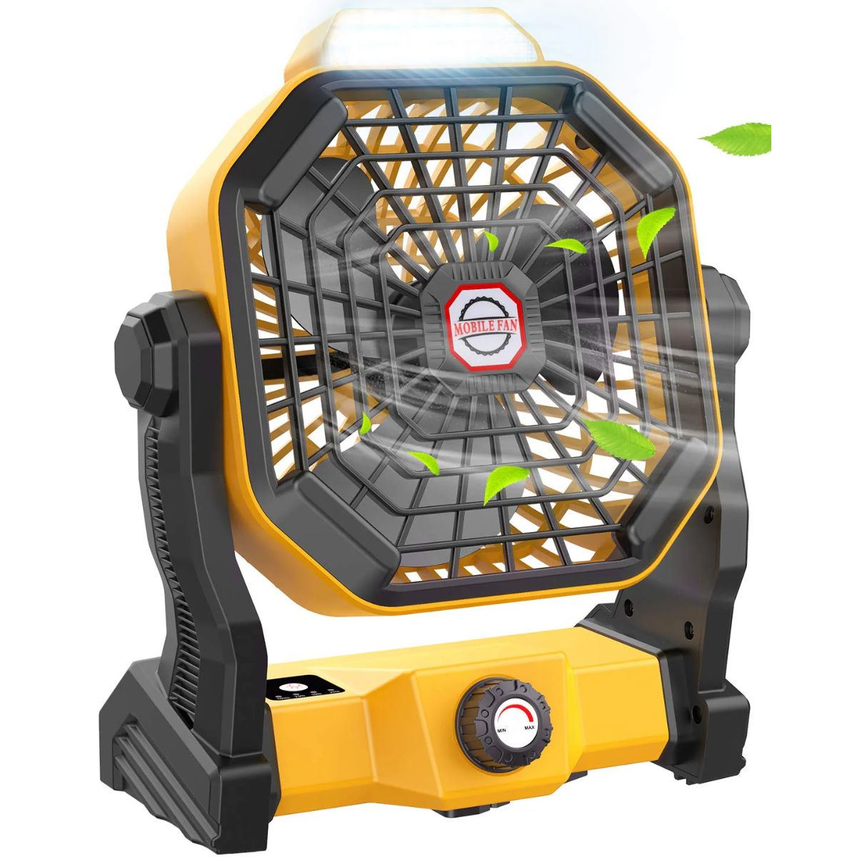 9-inch portable camping fan with integrated LED lantern and 10400mAh rechargeable battery