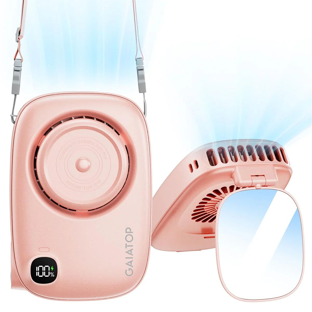 Gaiatop Mini Neck Fan, Rechargeable Led Power Display 3 Speed 360°Rotate Lash Makeup Mirror Cute - Koospark
