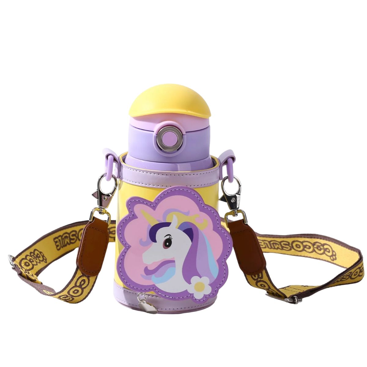 Unicorn Drinking Kids Insulated Water Bottle - Easy Open Button & Carrying Lanyard With Zipper