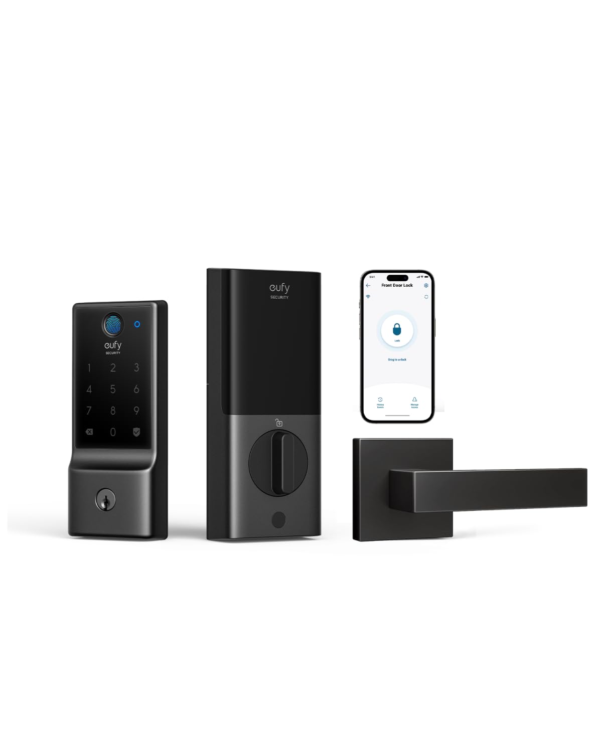 Eufy Security Smart Lock C220 With Door Lever, Fingerprint Keyless Entry Door Lock, Built-In Wi-Fi, App Remote Control, Front Door Deadbolt, 8 Months Battery, Reliable Power, Ip53 Waterproof