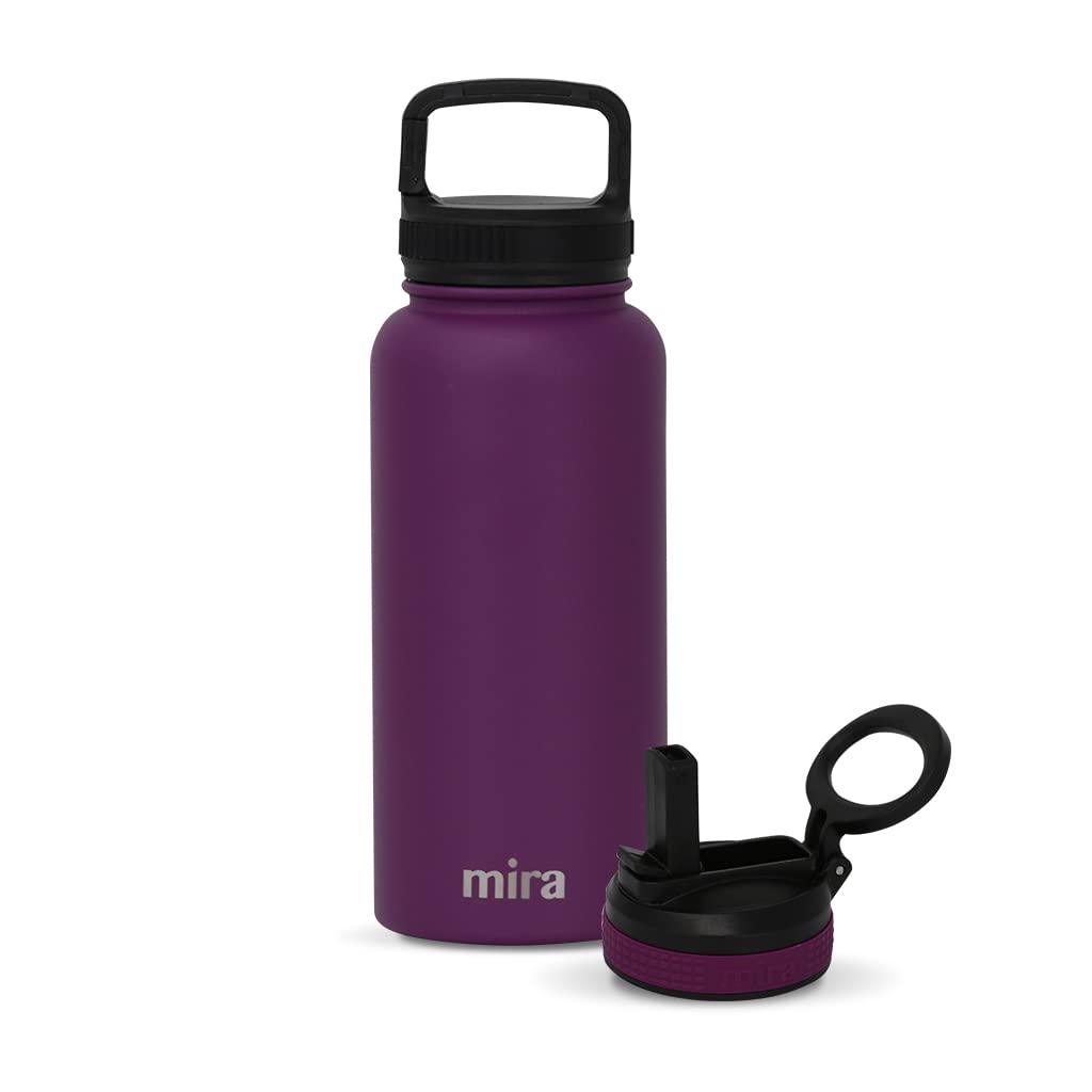 Mira 32 Oz Insulated Water Bottle - Stainless Steel Sports Flask With 2 Lids (Straw & Handle