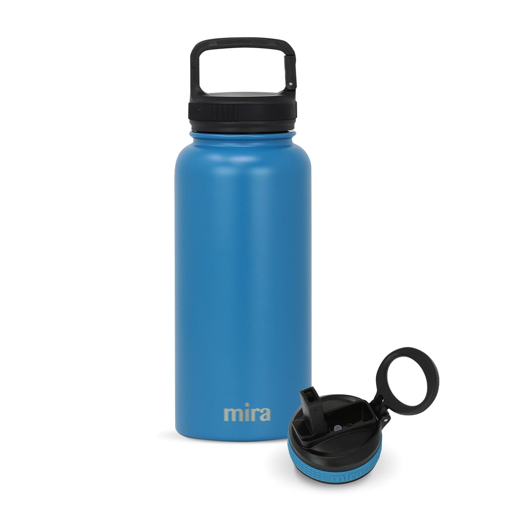Mira 32 Oz Insulated Water Bottle - Stainless Steel Sports Flask With 2 Lids (Straw & Handle)
