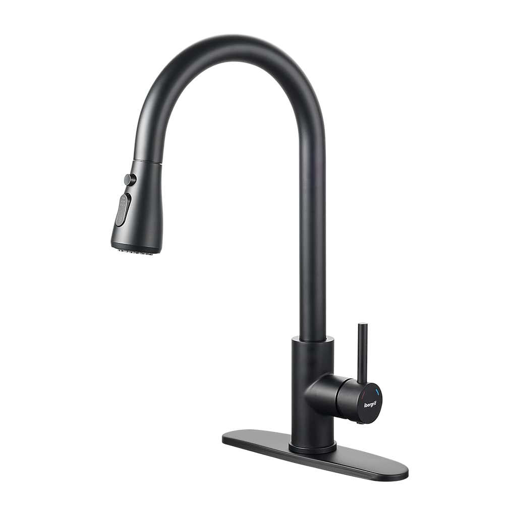 Ibergrif Black Kitchen Faucet With Pull Down Sprayer, Kitchen Sink Faucets 1 Or 3 Hol, High Arc Single Handle Classic 3 Modes, Brushed Nickel Kitchen Faucets For Rv Bar Laundry Farmhouse