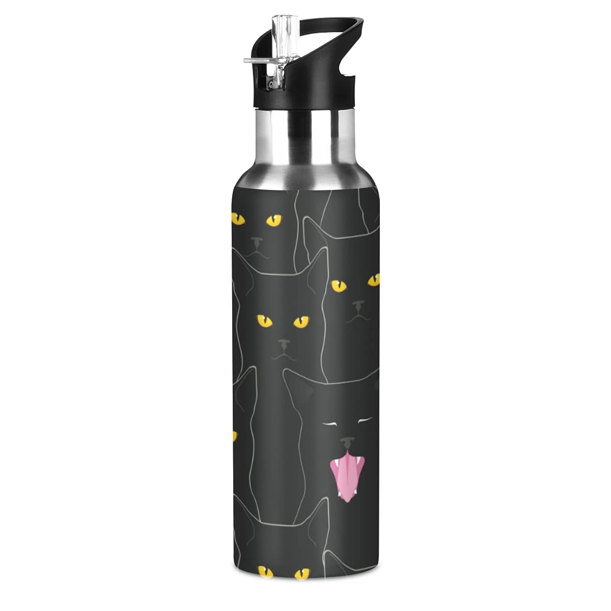 Water Bottle Black Cat Coffee Thermos Stainless Steel Insulated Beverage Container 20 Oz With Straw