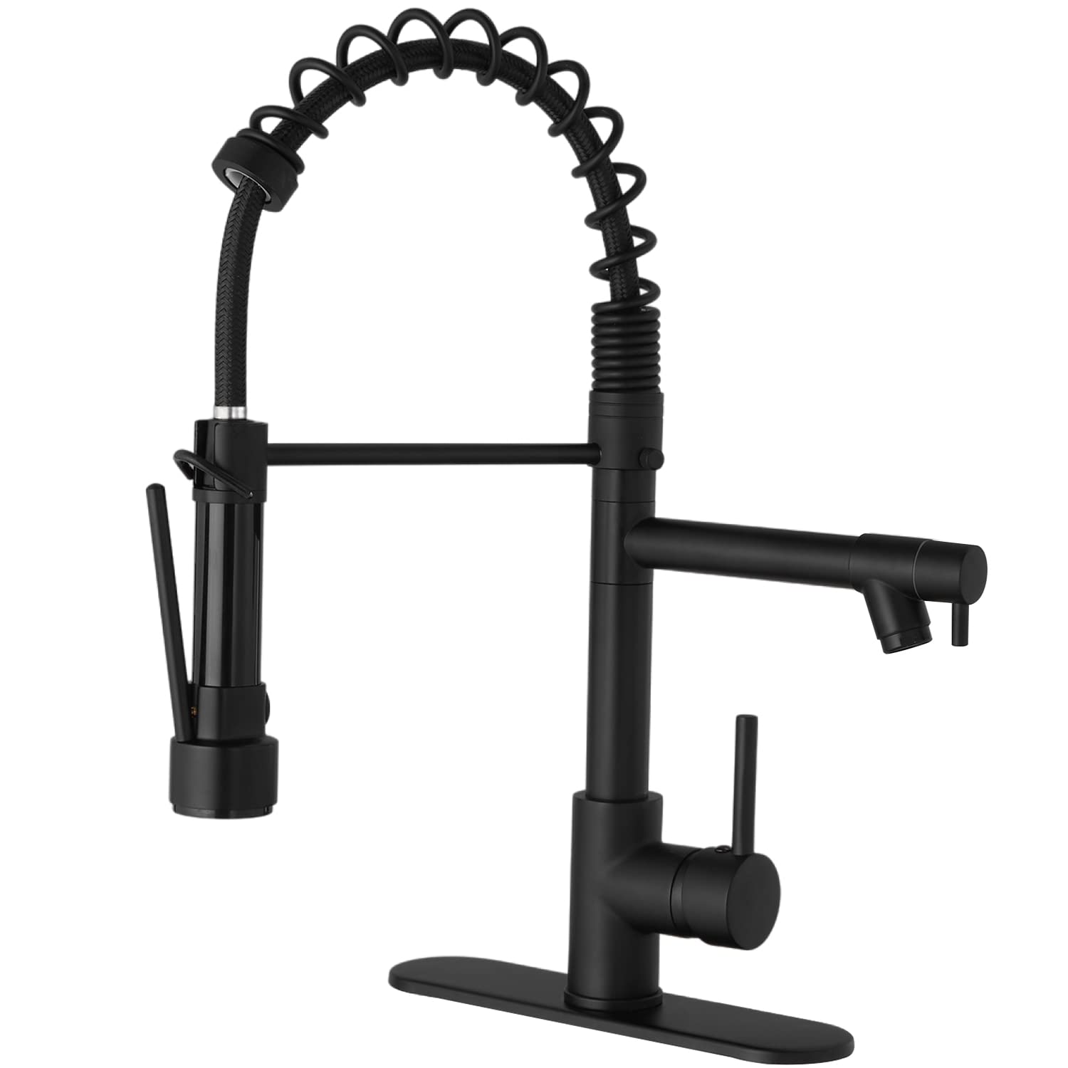 Greenspring Matte Black Kitchen Sink Faucet With Sprayer Commercial Single Handle High Arc Spring Kitchen Faucet With Cover Plate