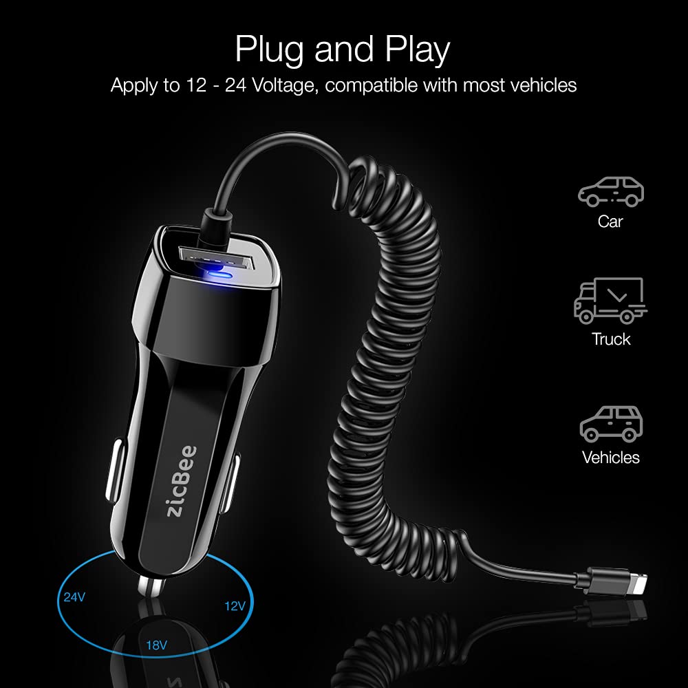 Zicbee Car Charger For Iphone, 3.6A/18W Built-In 4.9Ft Spiral Lightning Coiled Cable, 12-24V Fast Charging Cigarette Lighter Plug Adapter For Iphone 14 13 12 11 Mini Pro Max Plus Xr Se Xs X 8 7 6 5, Ipad