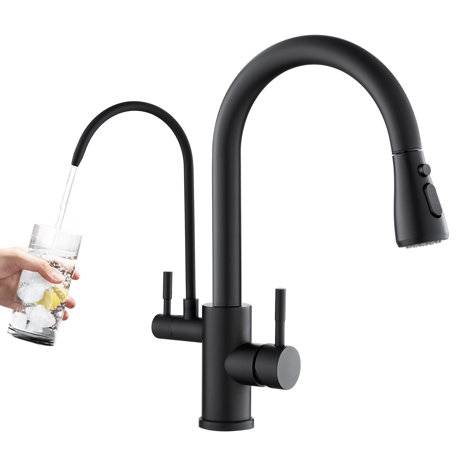 Rovogo Kitchen Faucet With Filtered Water Spout And Pull Down Sprayer, Dual Handle High Arc Kitchen Faucet With Drinking Water Spout For Water Filtration System, Stainless Steel, Black