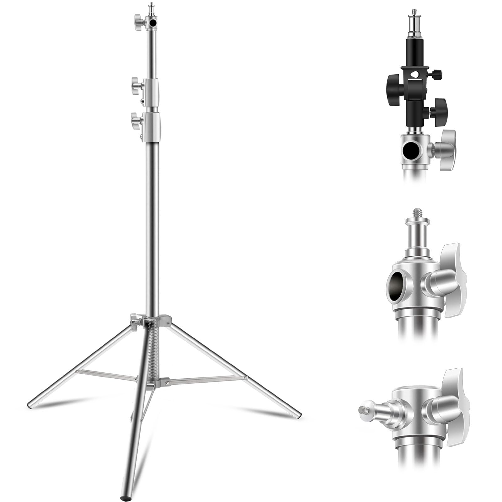 Wellmaking Stainless Steel Photography Light Stand 9.2Ft/280Cm.Spring Cushioned Heavy Duty Tripod Stand With 1/4”To3/8” Screw Adapter And Tilt Swivel Mount For Strobe, Video Light,Ring Light,Monolight