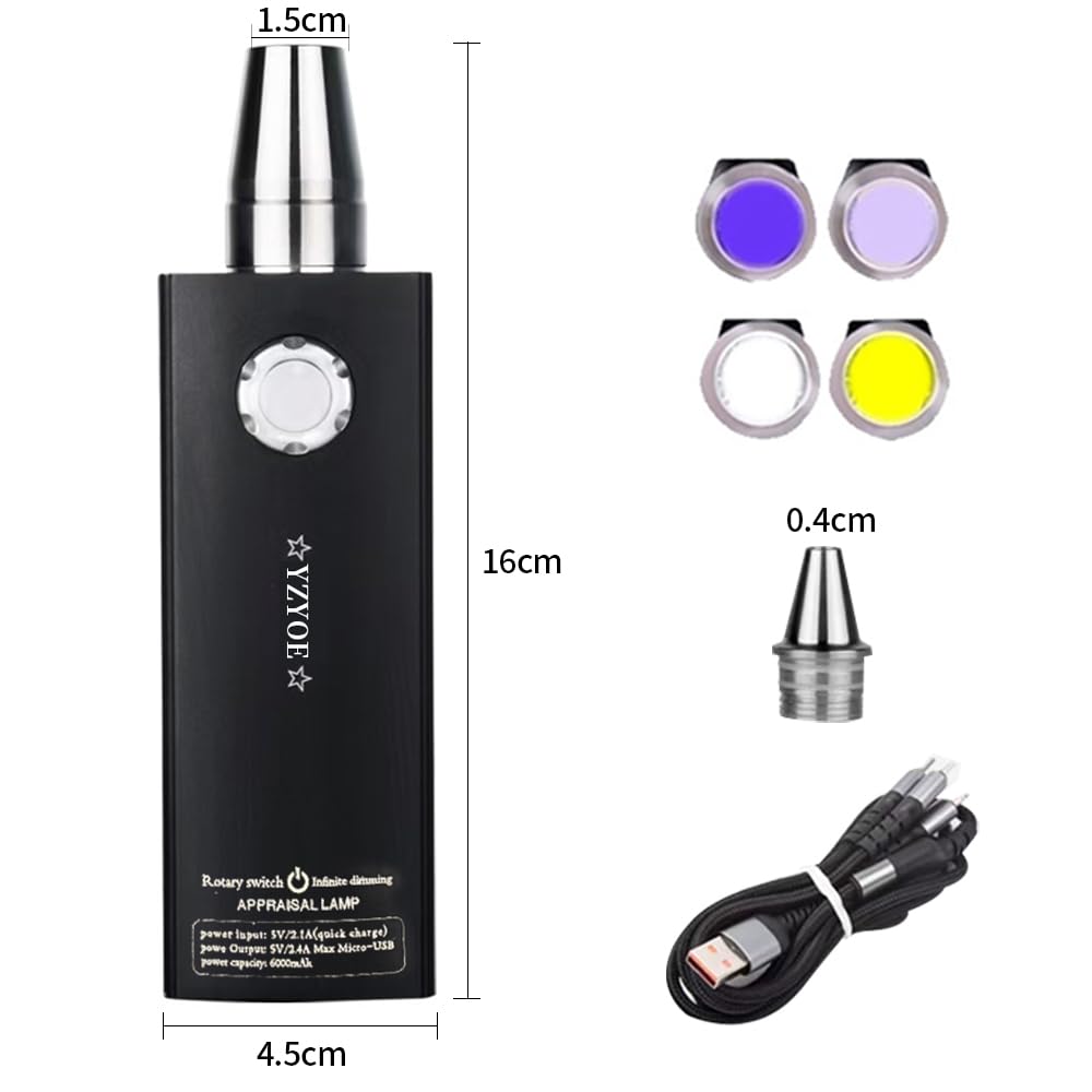 Yzyoe Led Rechargeable Four Light Jade Recognition Flashlight, Outdoor Gemstone And Mineral Detector, White, Yellow, 365Nm Ultraviolet Lamp, And 395 Black Light Multifunctional Light.