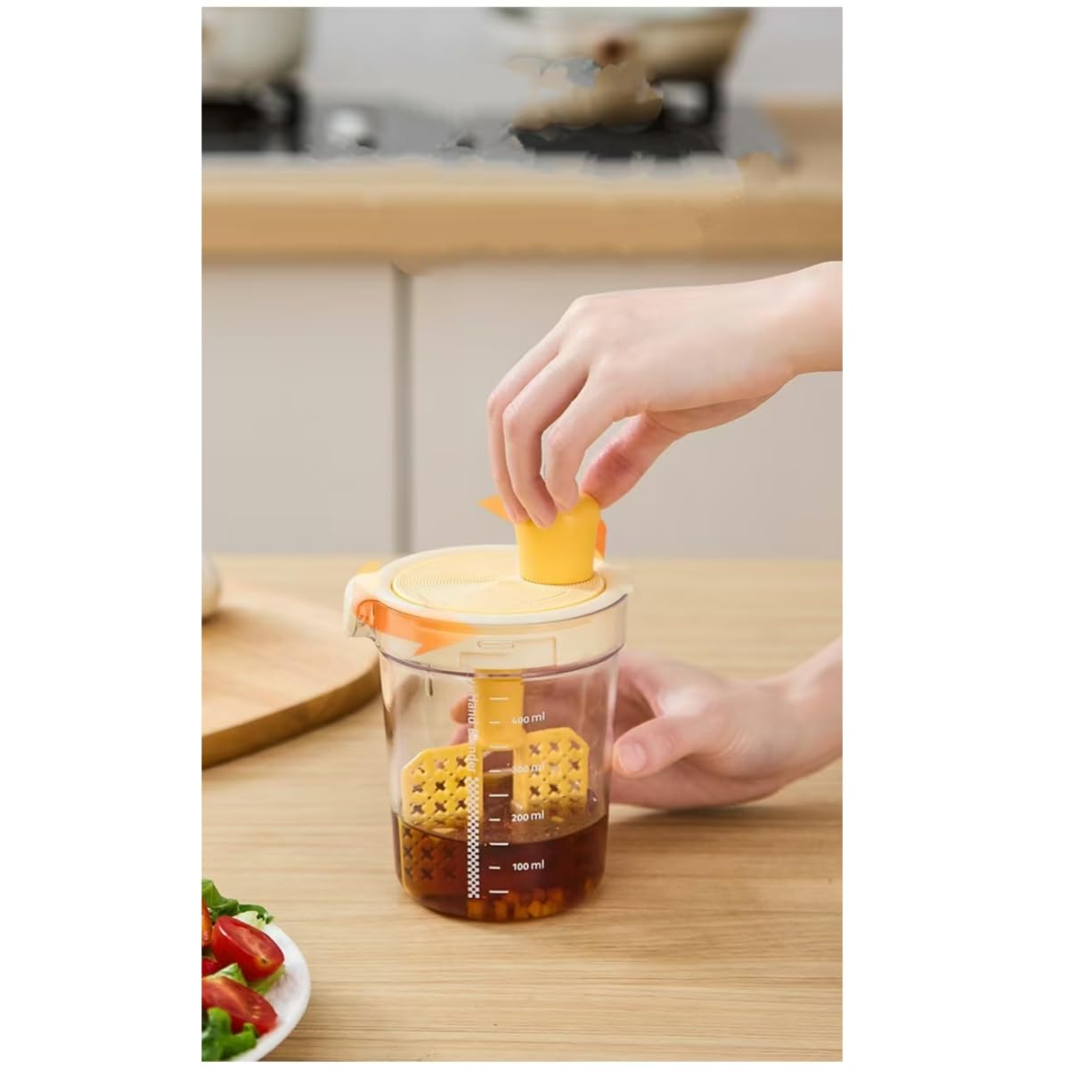 Jvhoo Manual Egg Mixing Cup With Scale, Egg Liquid Mixing Cup, Hand Salad Mixer With Scale, Salad Mixing Cup, Spice Dispensers, Homemade Dip Kitchen Hand Mixing Tools (Yellow)