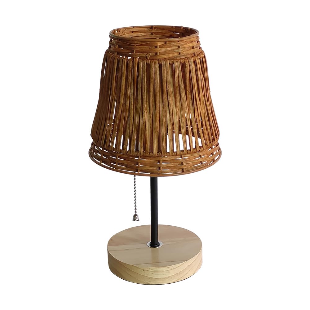 Pakuyhou Handmade Boho Rattan Bedroom Small Table Lamp,With Brown Rattan Lamp Shade (Brown) With Pull Chain Lamp Holder,E26 Bulb Included