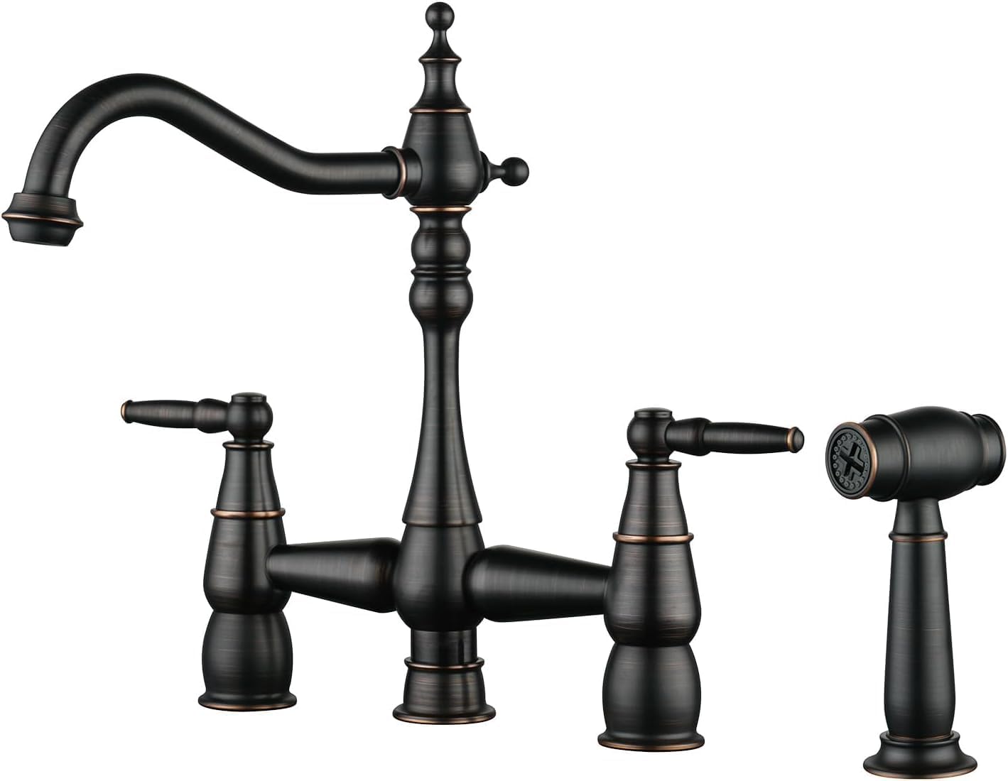 Aleasha Bridge Centerset Kitchen Sink Faucet, Deck Mount Brass Kitchen Faucet With Side Sprayer, 2 Handle 4 Hole 360° Swivel Vintage Farmhouse Copper Faucet, Oil Rubbed Bronze