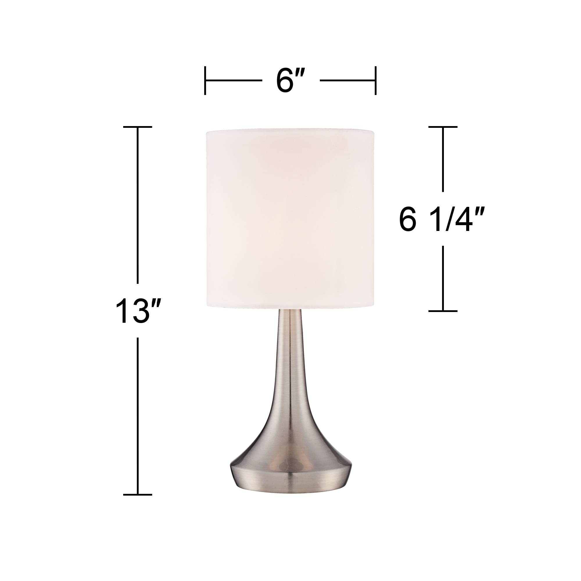 360 Lighting Zofia Modern Accent Table Lamps 13" Tall Set Of 2 Brushed Nickel Silver Tapered Metal Touch On Off White Fabric Drum Shade For Bedroom House Bedside Nightstand Office Entryway