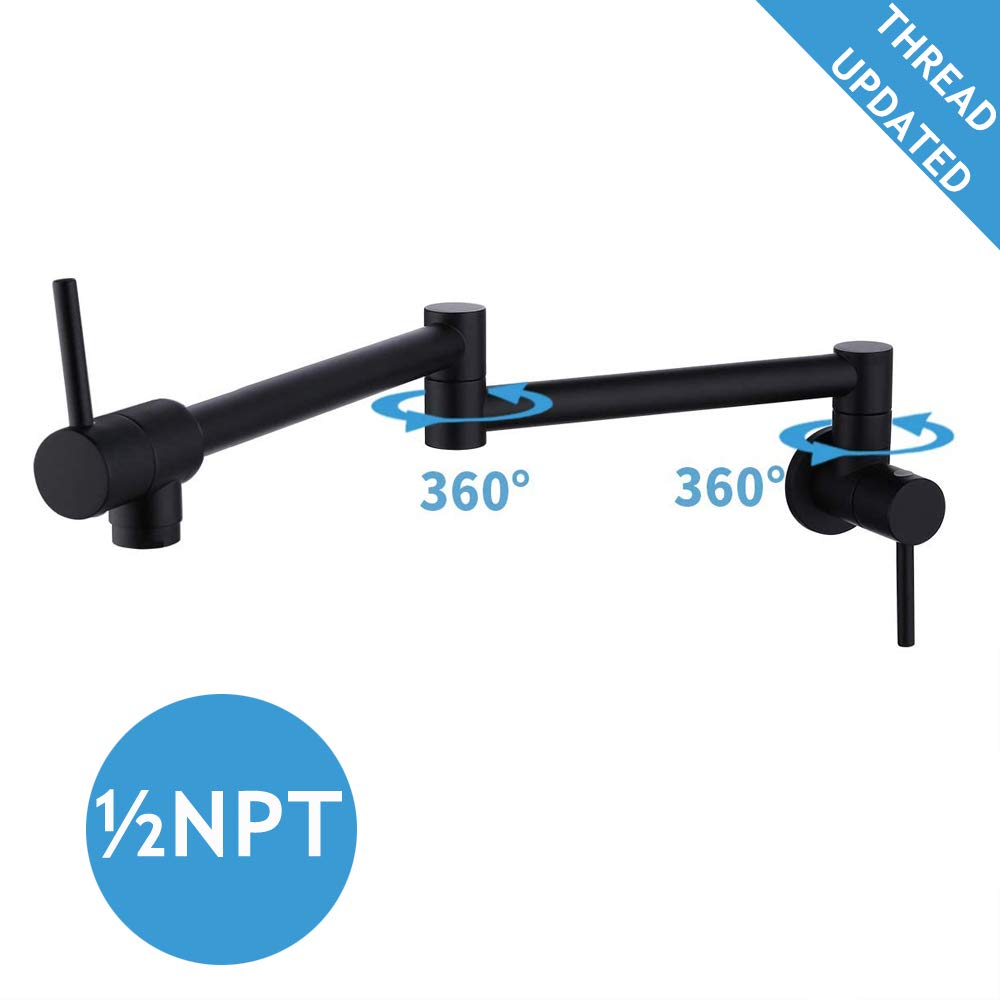 7Trees Kitchen Pot Filler Faucet Lead- Brass Double Joint Swing Arm Folding Sink Faucet Articulating Wall Mount Two Handle (Matte Black)