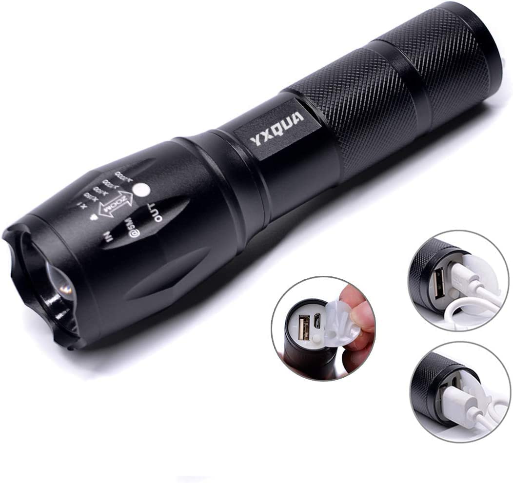 Yxqua Usb Rechargeable Flashlights, 8381 High Lumens Lights, 3 Modes, Zoomable & Waterproof Super Bright Flash Light For Camping, Hiking, Emergency Hurricane(5.1 In)