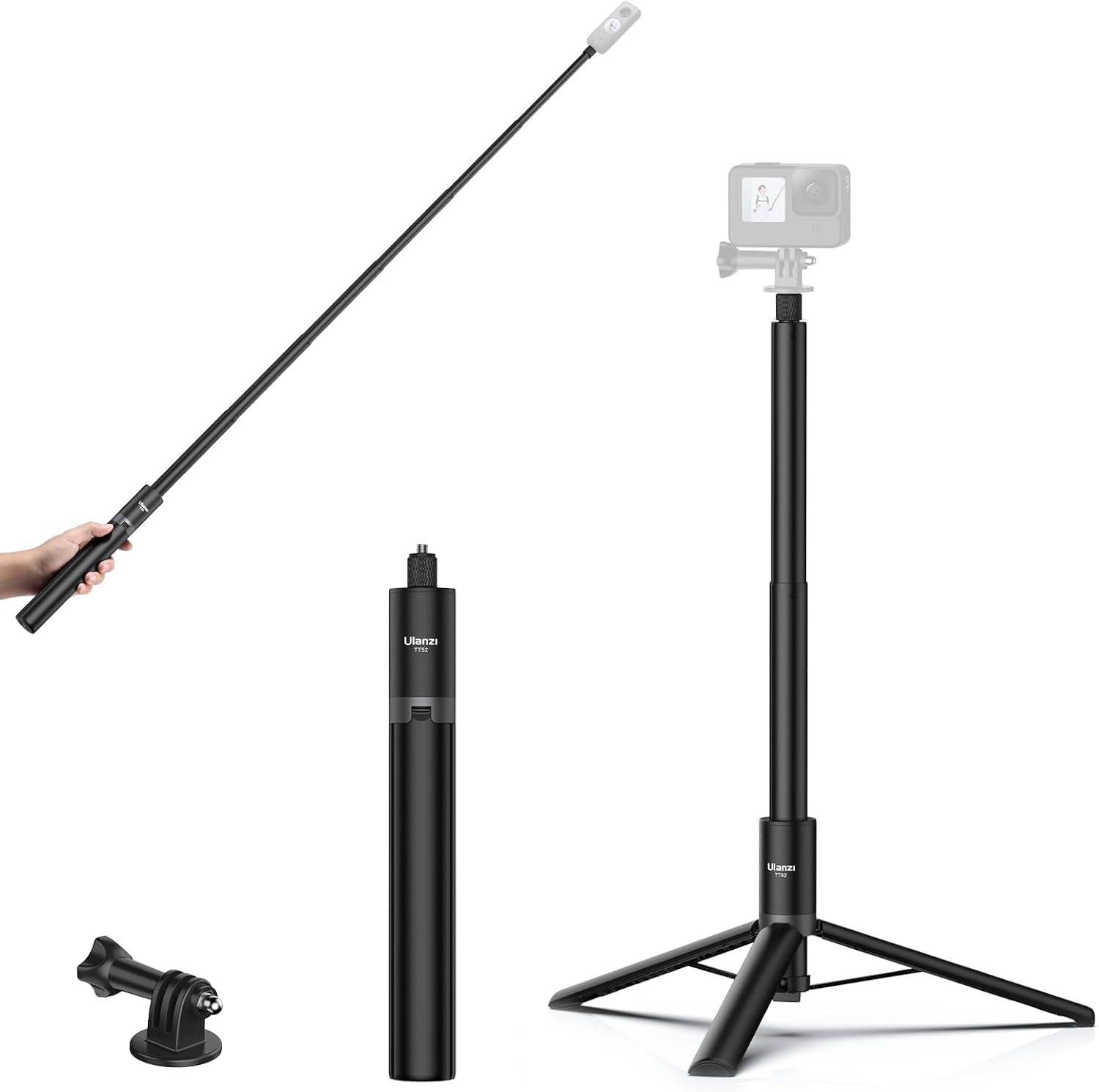 Uurig Ulanzi 59In Invisible Selfie Stick Tripod Tt52 Extendable Pole Selfie Stick Handle Grip Adjustable For Insta360 X4 X3 Video Shooting W Adapter For Action Camera Hero 13 12, 11, 10, 9, 8, 7, 6, 5 Etc