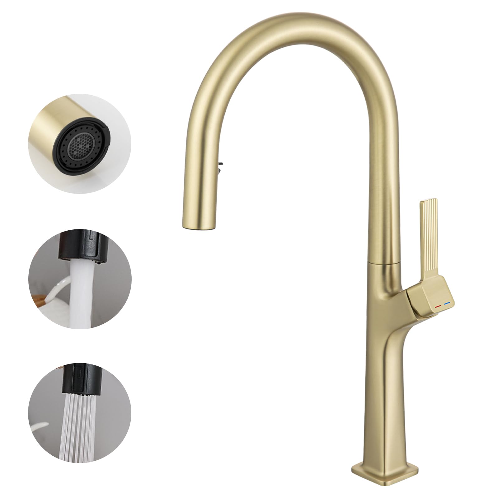Aection Brushed Gold Kitchen Faucet With Pull-Down Sprayer, High Arc Brass Single Handle Faucet Fits 1 Hole Kitchen Sinks, Bars, Rvs, And Laundry Rooms (Without Deck Plate)