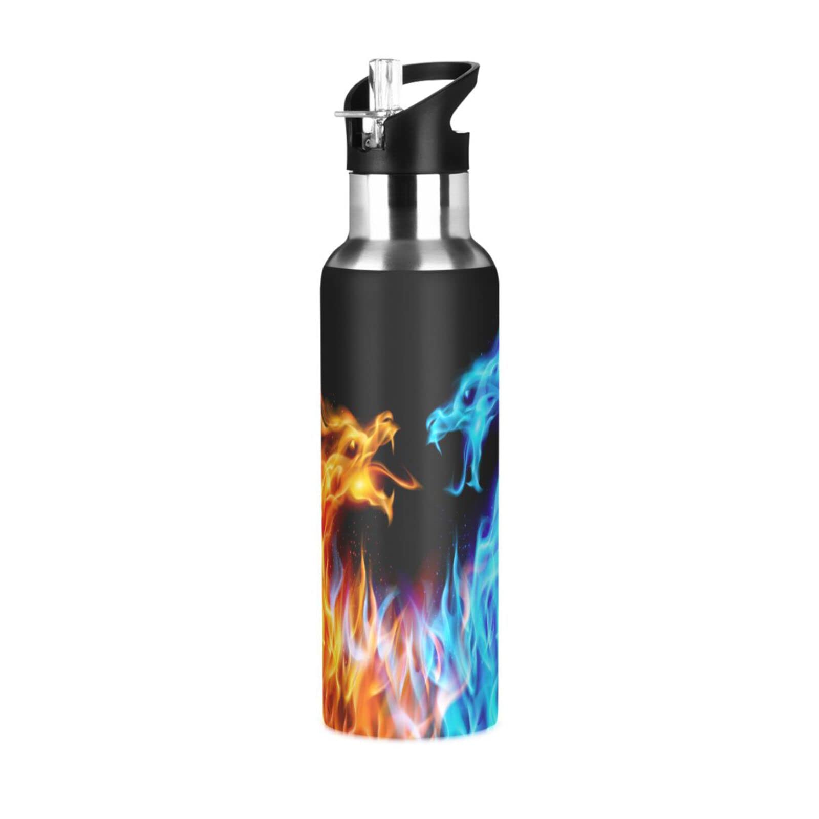 Kcldeci Red Blue Fire Dragon Sports Water Bottle 20 Oz Straw Lid Leak Proof Vacuum