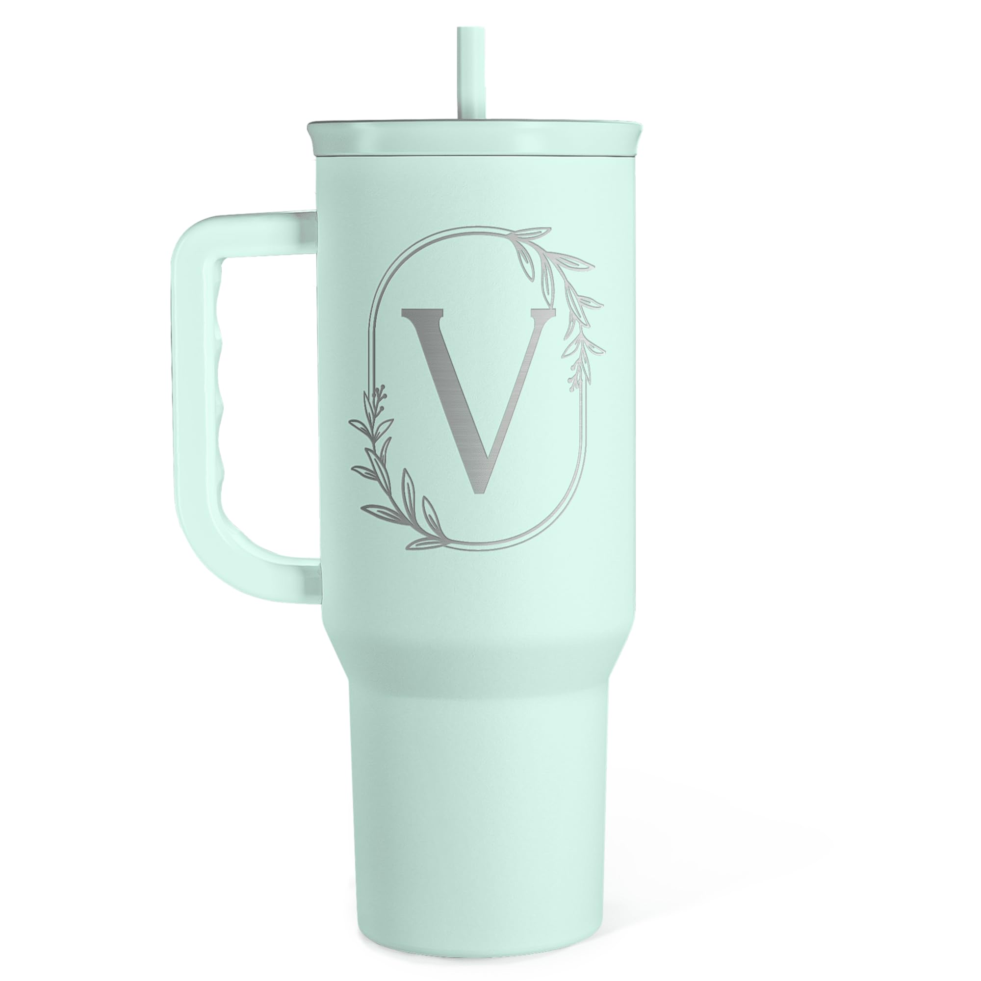 Personalized Monogrammed Tumbler With Handle 40Oz, Letter V Tumblers Insulated Coffee Travel Cup
