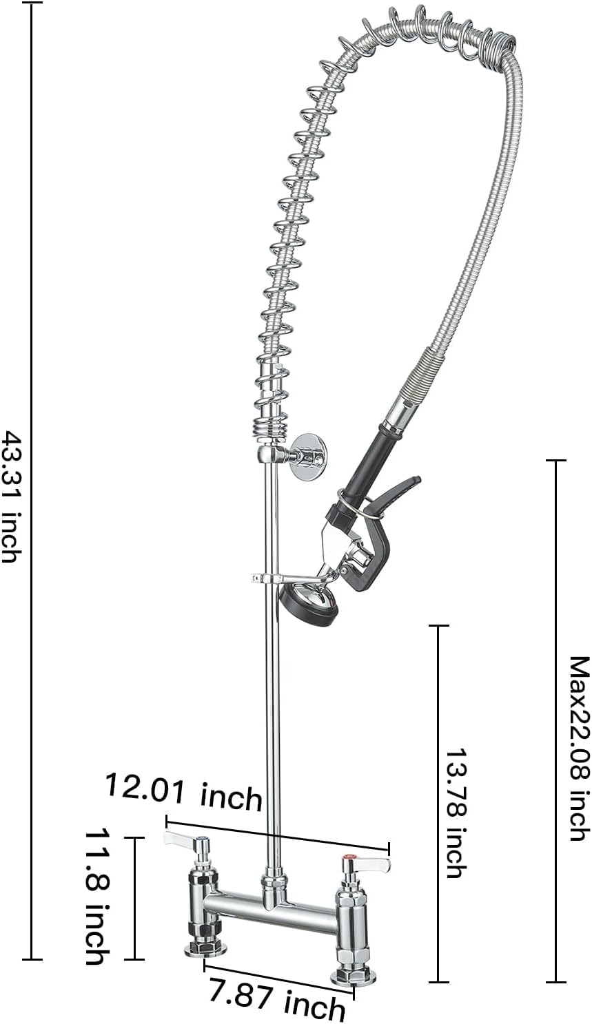 Greenspring 43" Height Chrome Commercial Kitchen Faucet With Pre-Rinse Sprayer For Kitchen Sink Brass Kitchen Sink Faucets For 2 Hole Sink Deck Mount For Restaurant Hotel