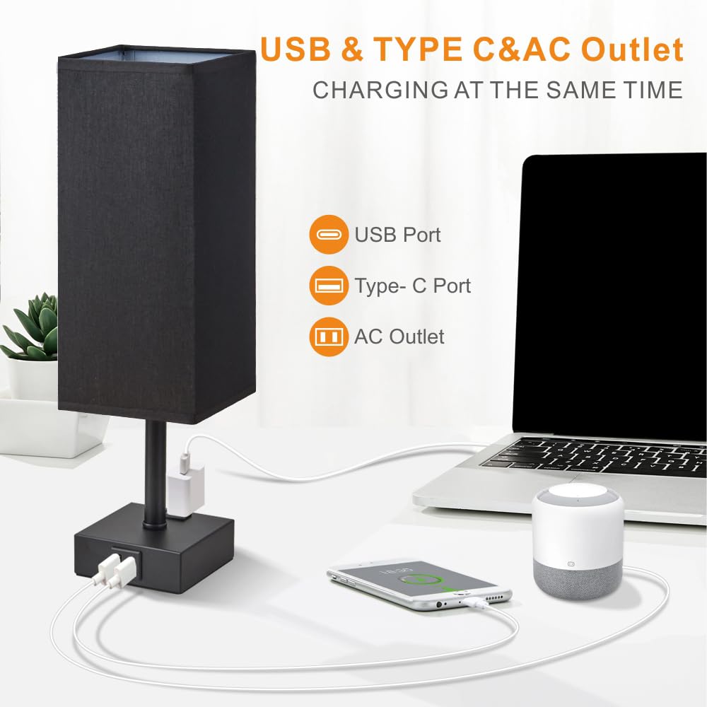 Lifeholder Square Touch Dimmable Usb Lamp With Fabric Shade, Built-In Usb & Type C Ports & Ac Outlet - Bedside Lamp Idea For Bedroom, Black