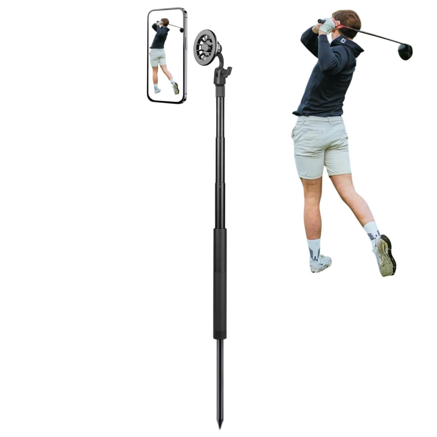 Yki Golf Monopod Selfie Stick With Ground Spike Stake, Golf Selfie Stick Swing Analyzer Holder, Magnetic Golf Phone Holder For Recording Golf Swing, Portable Mag Safe Golf Phone Stand