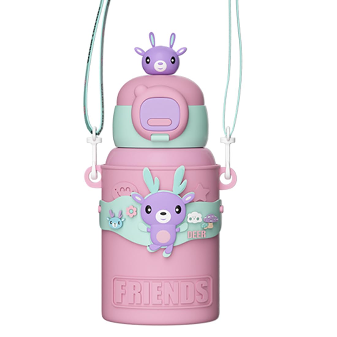 Cute Insulated Water Bottle With Straw Strap Kids, 15 Oz Metal Cups For Hot And Cold Drinks,