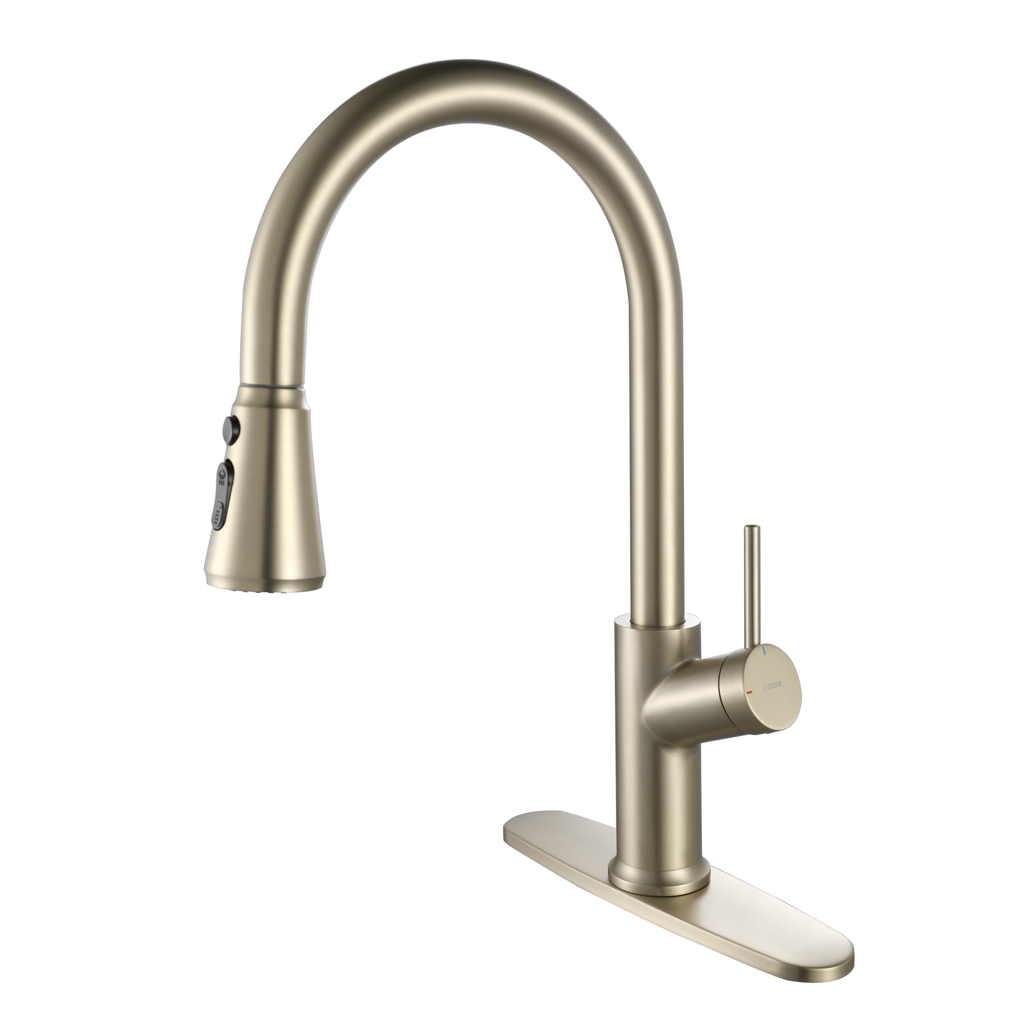 Indare Kitchen Faucet With Pull Down Sprayer Brushed Gold, High Arc Single Handle Kitchen Sink Faucet With Deck Plate, Stainless Steel Faucet For Kitchen Sink For Farmhouse Laundry Rv