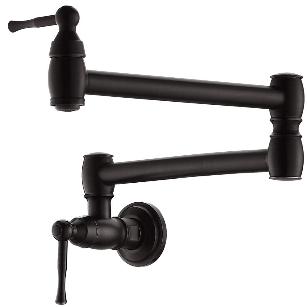 Boomhoze Matte Black Pot Filler Faucet, Commercial Folding Wall Mount Stove Kitchen Sink Faucet With Double Joint Swing Arms Single Hole Hot/Cold Water