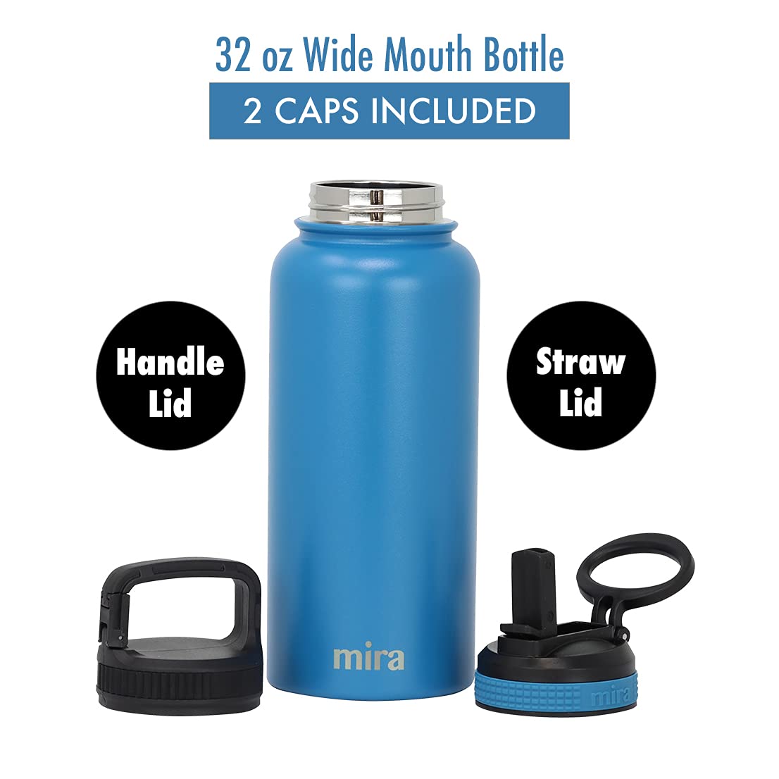 Mira 32 Oz Insulated Water Bottle - Stainless Steel Sports Flask With 2 Lids (Straw & Handle)