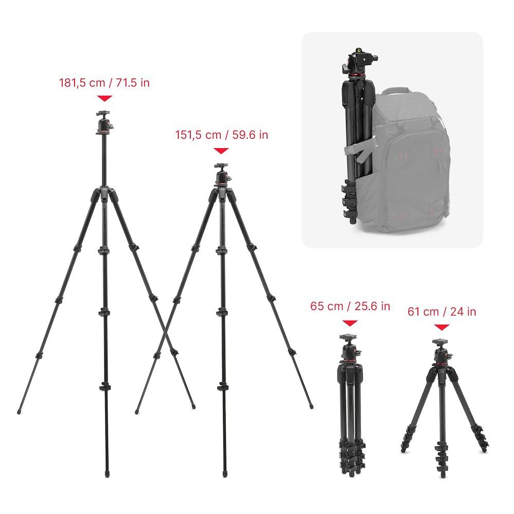 Manfrotto 055Xpro As Camera Tripod, 3 Sections Aluminium, Xpro Ball Head Kit, 90 Degree Column, Load Up To 15 Kg, Arca-Swiss Plate, For Dslr/Mirrorless, Photo Kickstand