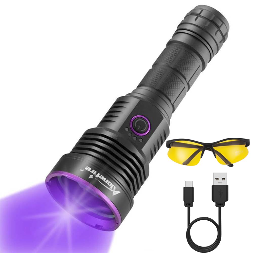 Alonefire Sv43 36W 365Nm Uv Flashlight Usb C Rechargeable Ultraviolet Black Light Woods Lamp For Pet Urine Detector, Resin Curing, Scorpion, Bed Bug, Fishing, Leak With Uv Protective Glasses, Battery