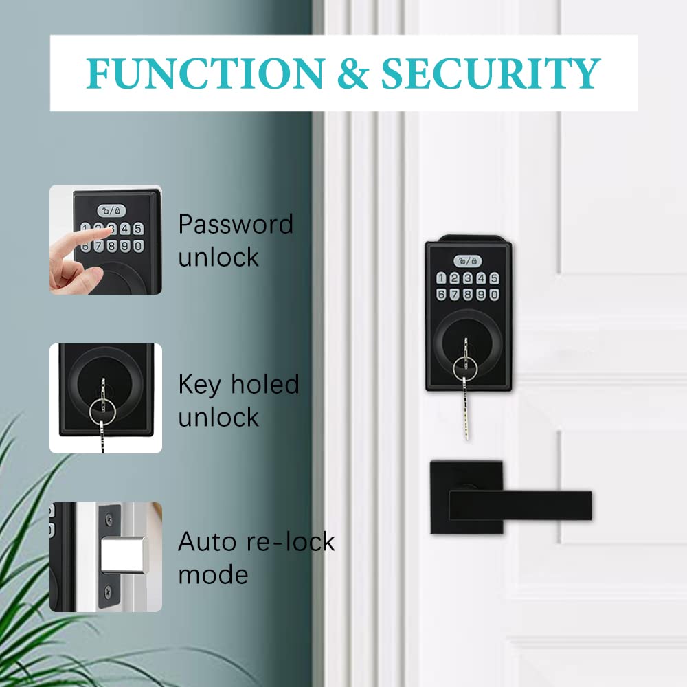 Suntai Keyless Entry Door Lock With 2 Handles, Electronic Keypad Deadbolt Front Door Lock Set, Auto-Locking, Anti-Peeping Password, Easy Installation, Matte Black