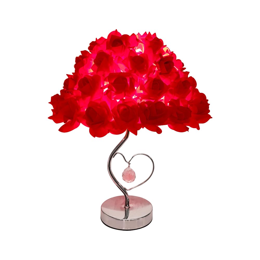 Lifenanny Rose Flower Table Lamp, Romantic Bouquet Lamp Bedside Night Light Artificial Rose For Valentines Dating Party Home Bedroom Wedding Decor (Red)