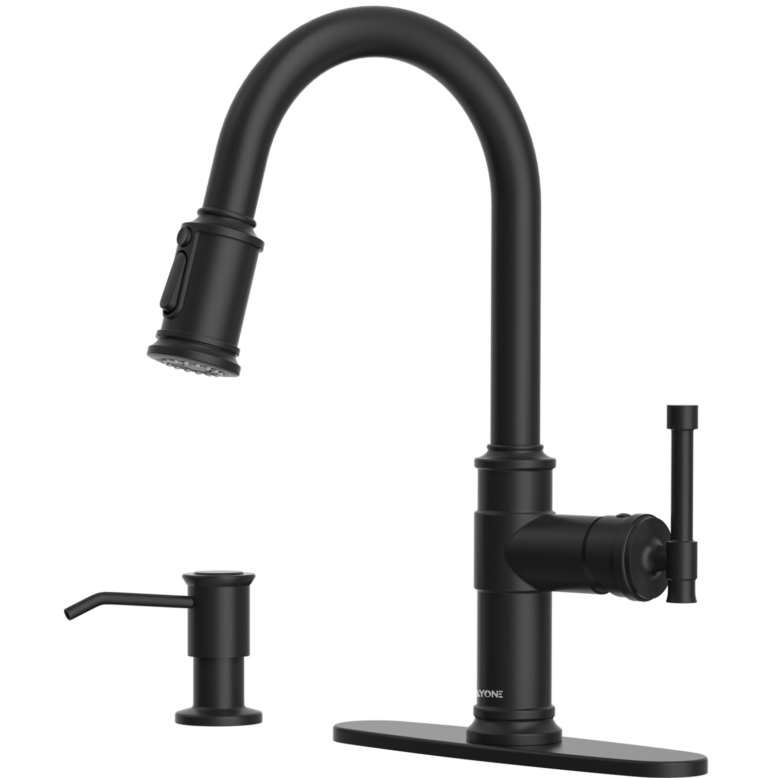 Dayone Matte Black Kitchen Faucets With Pull Down Sprayer, Single Handle Stainless Steel Kitchen Faucet One Hole High Arc Farmhouse Sink Faucets With Soap Dispenser, Day-136Mb