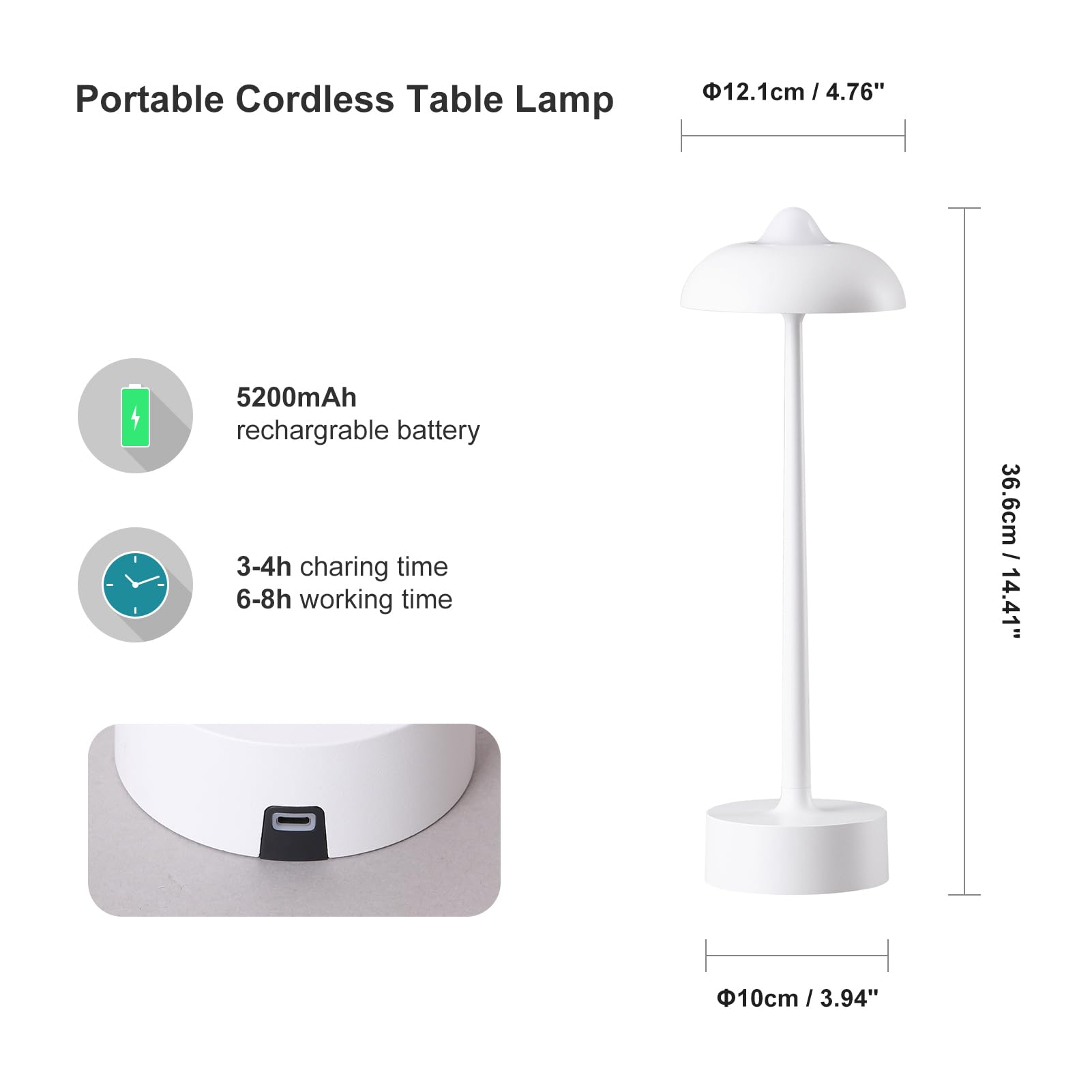 Dawalight Cordless Led Table Lamp,5200Mah Outdoor Battery Operated Table Lamp Waterproof,3 Level Stepless Dimming 2700K/4000K/6500K Rechargeable Battery Desk Lamp,Aluminium,White