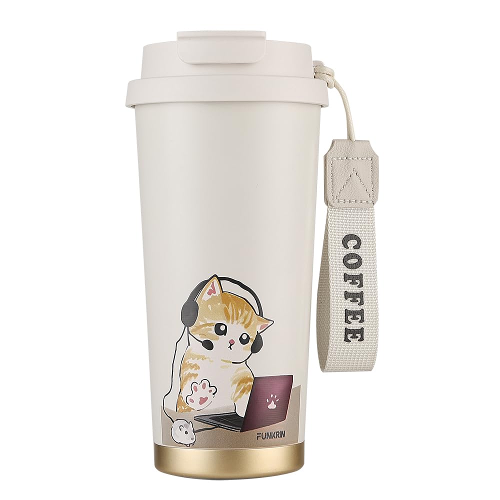 Funkrin Coffee Travel Mug With Straw & Flip Lid, 16Oz Insulated Tumbler Cup With Ceramic Coating