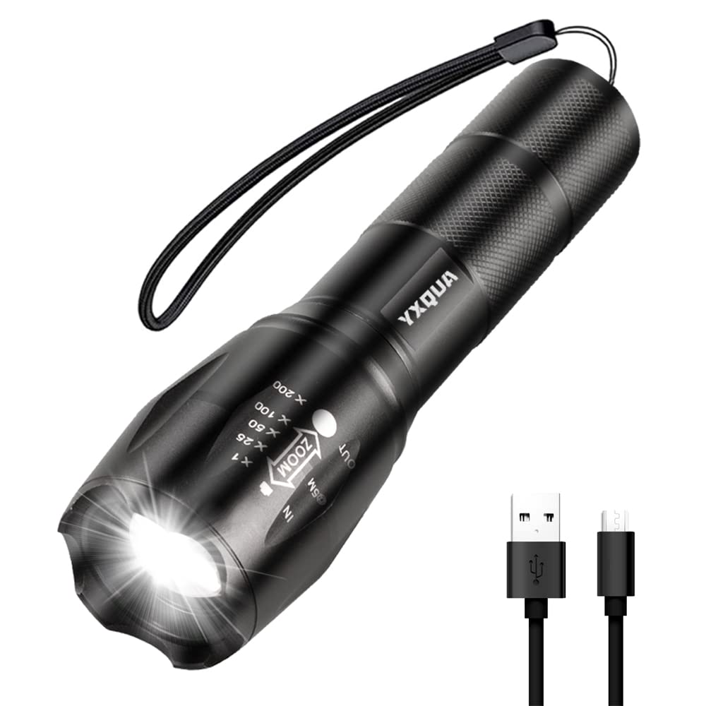 Yxqua Usb Rechargeable Flashlights, 8381 High Lumens Lights, 3 Modes, Zoomable & Waterproof Super Bright Flash Light For Camping, Hiking, Emergency Hurricane(5.1 In)