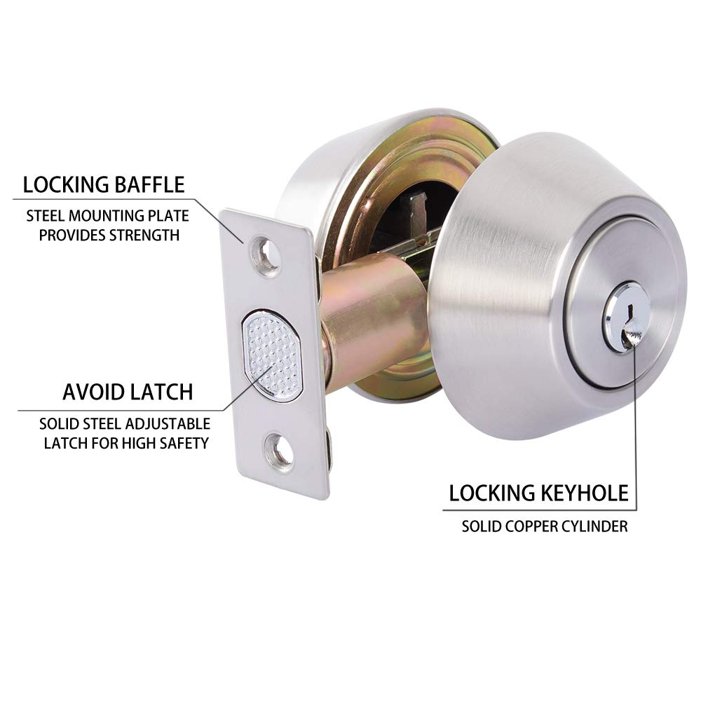 Rulart Double Keyed Deadbolt Lock - Keyed On Both Sides, 2-Way Adjustable Cylinder Deadbolt (Privacy/Passage), Satin Stainless Steel (Silver, Single Cylinder) (Silver, Double Side)