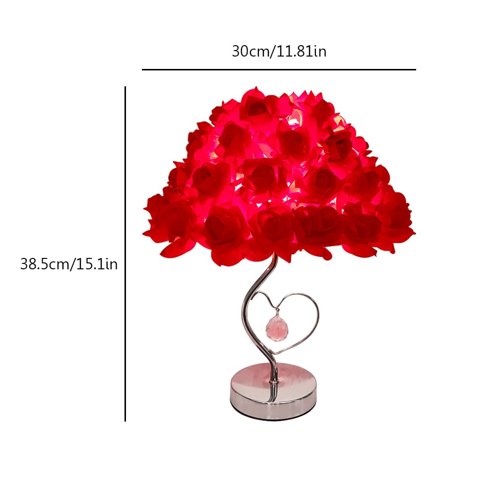 Lifenanny Rose Flower Table Lamp, Romantic Bouquet Lamp Bedside Night Light Artificial Rose For Valentines Dating Party Home Bedroom Wedding Decor (Red)