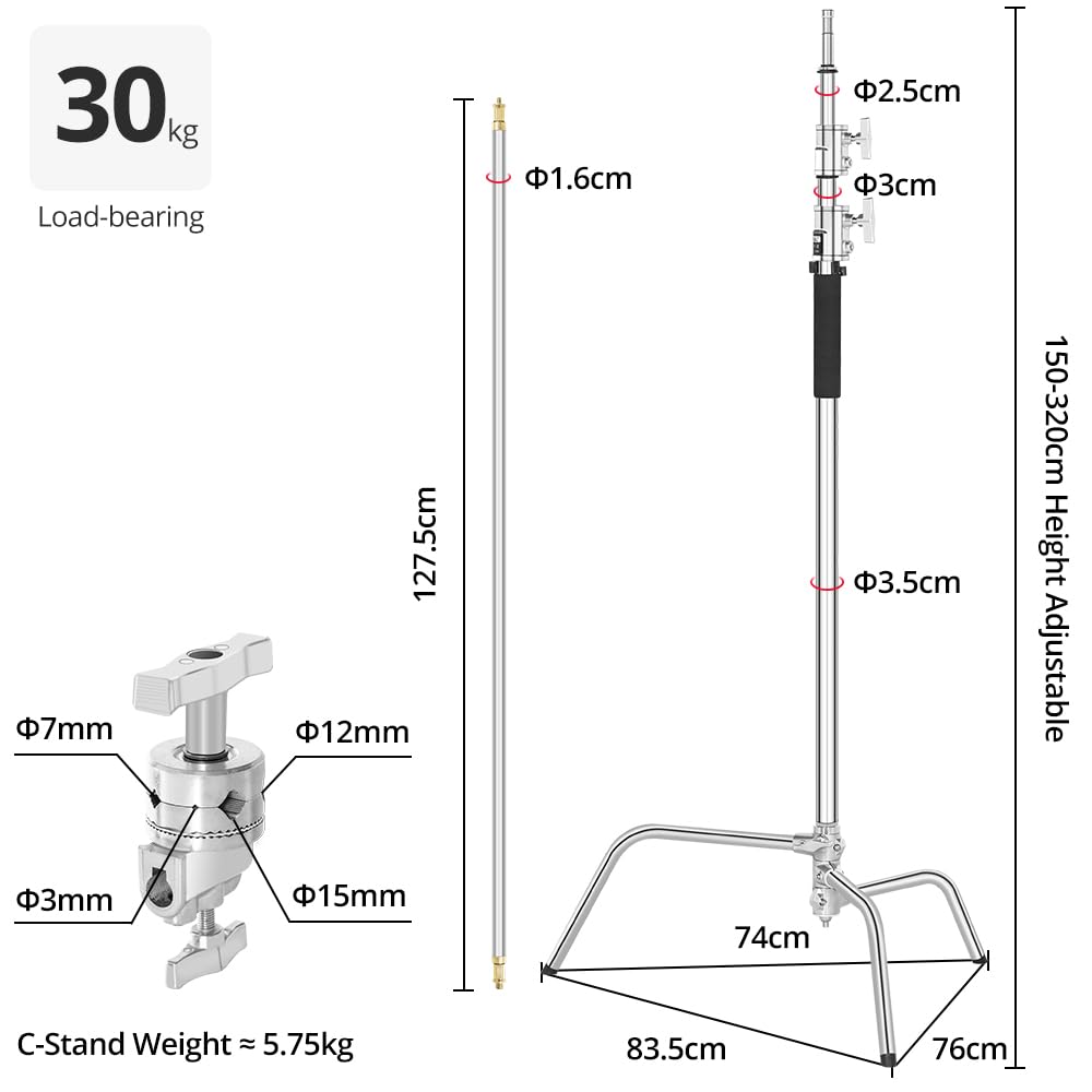 Ambitful Stainless Steel Heavy Duty C-Stand, 150 Cm - 320 Cm, Adjustable Photographic Sturdy Tripod With Wheels For Reflectors, Softboxes, Monolights, Heavy Duty Holding Arm
