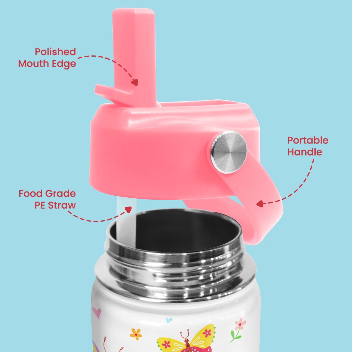 Kids Water Bottle With Straw Lid - 12 Oz Insulated Stainless Steel Water Bottles