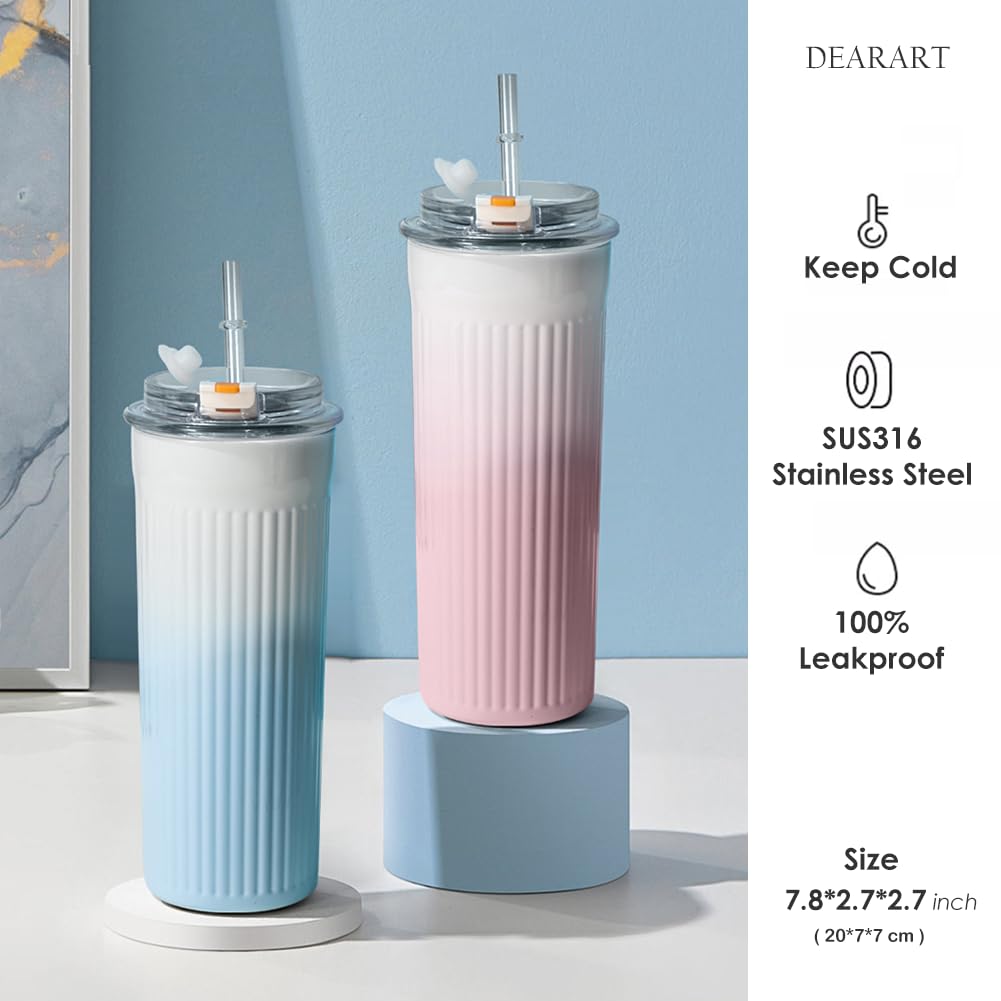 Dearart Insulated Bottle With Wave Shaped Bottles, Blue Vacuum Cup Stainless Steel With Straw