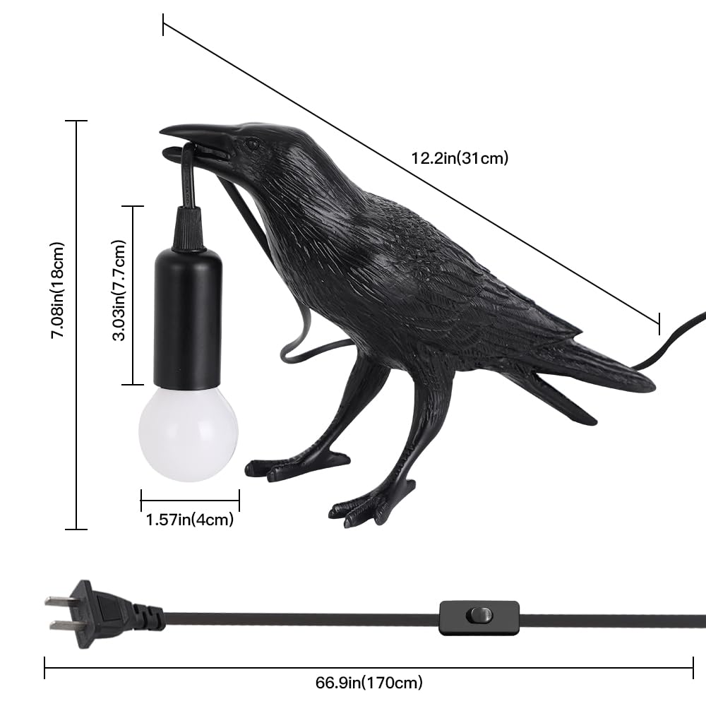 Shandaglo Crow Lamp - Raven Table Lamp With Bulb, Gothic Crow Light - Raven Decor For Bedside Bedroom Living Room Decor