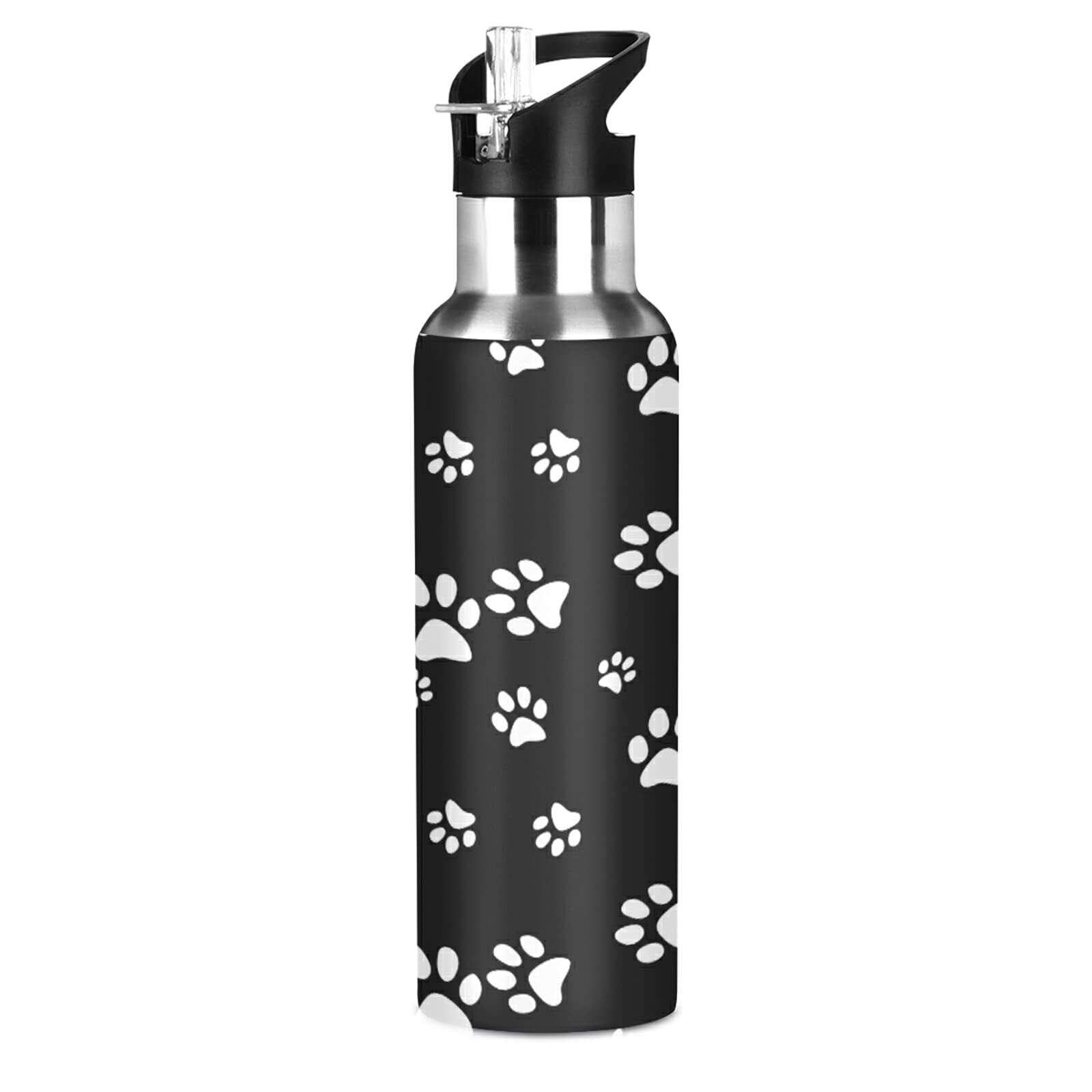Auuxva Sports Water Bottles Dog Paw Print Black White Vacuum Insulated Stainless Steel Water Bottle