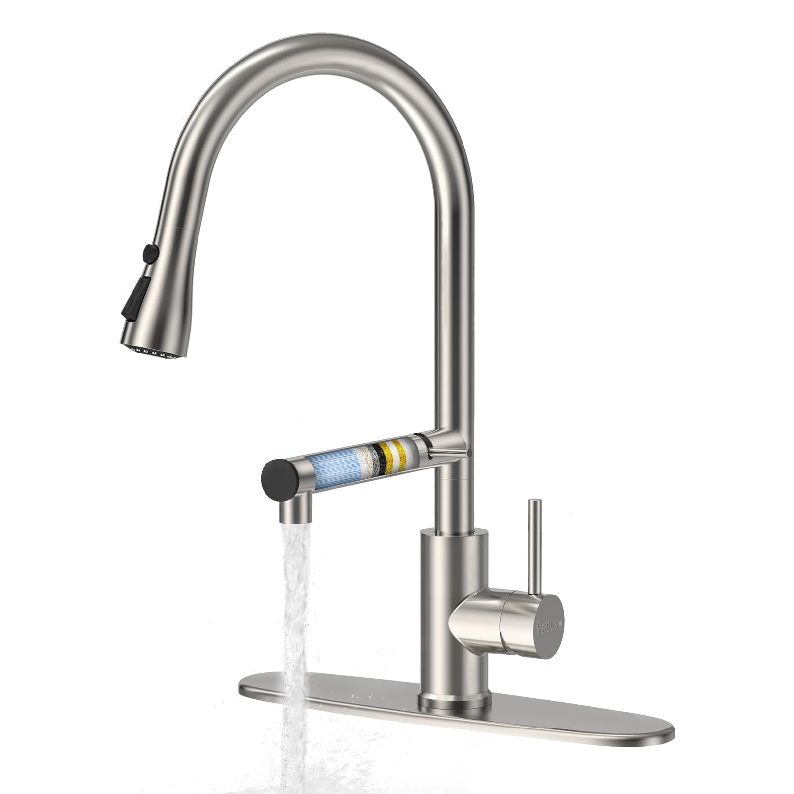 Feelso Kitchen Faucets, Filter Water Kitchen Faucet With Pull Down Sprayer, Brushed Nickel Stainless Steel High Arc 1 Or 3 Hole Kitchen Sink Faucet For Remove Chorine, Harmful Substances